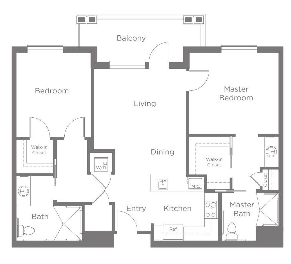 Floor plan of a two-bedroom apartment with living, dining, kitchen, and balcony areas.