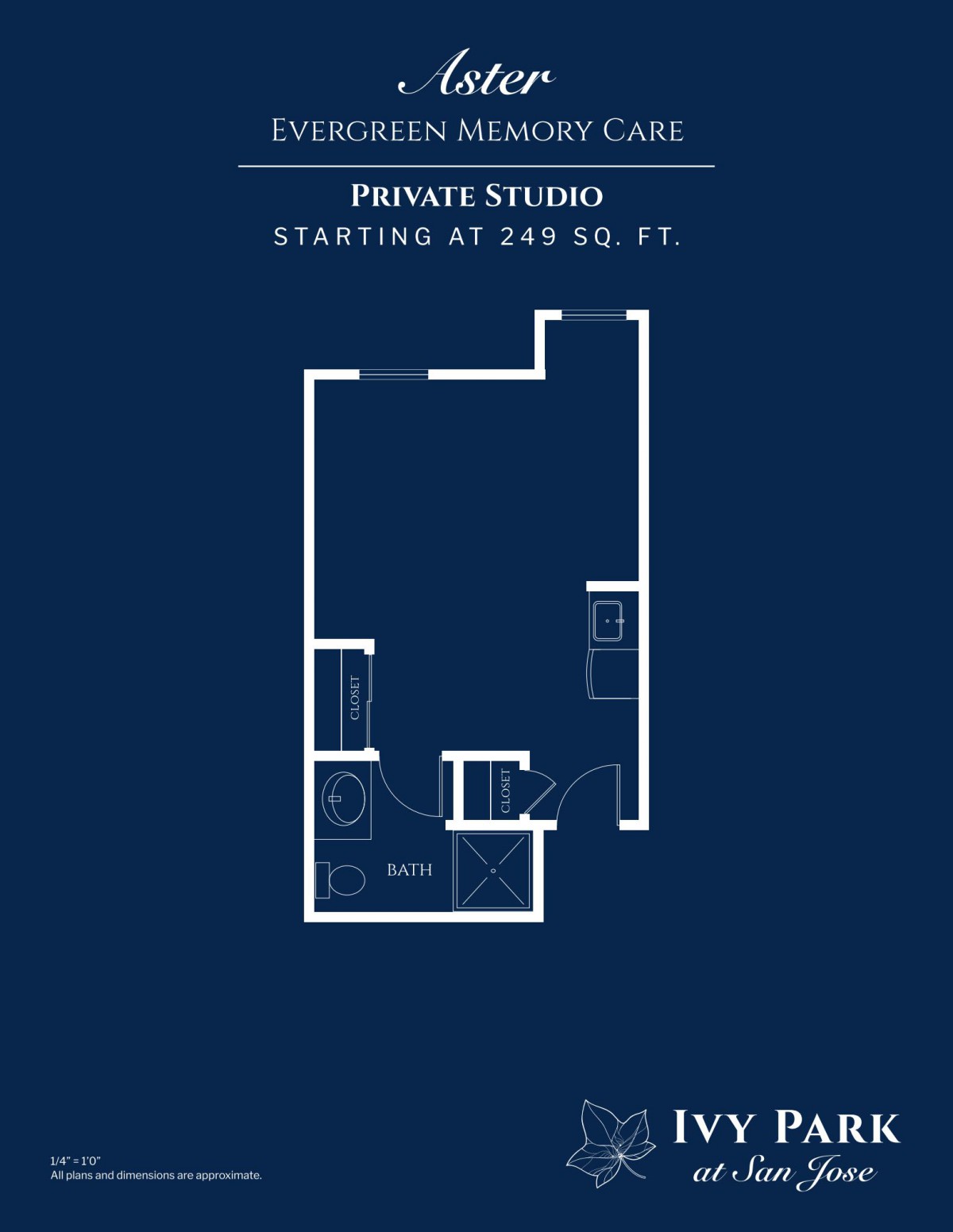 Floor plan of a private studio apartment starting at 249 sq. ft.