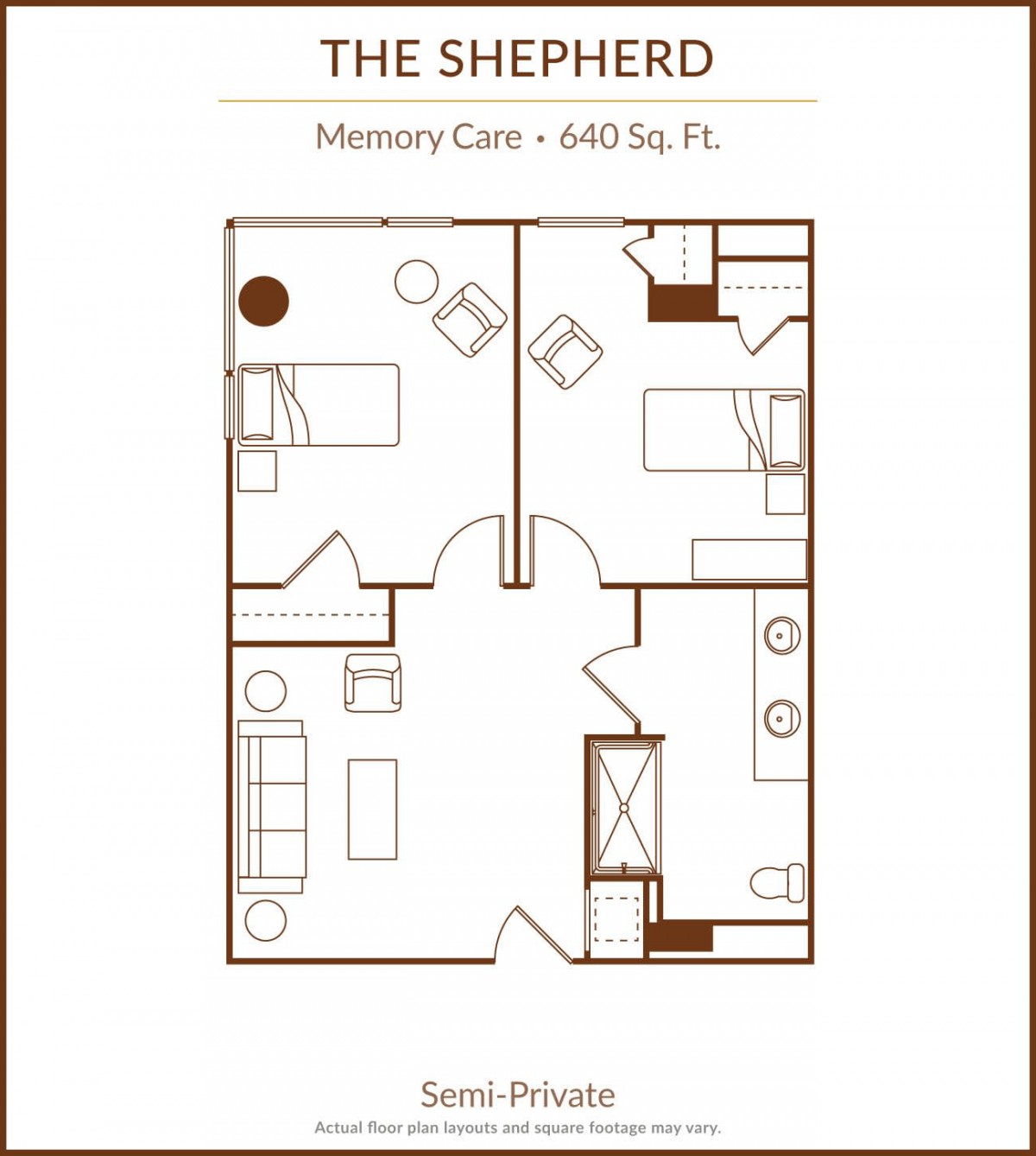 Floor plan of a 660 sq. ft. apartment named 'The Shepherd'.