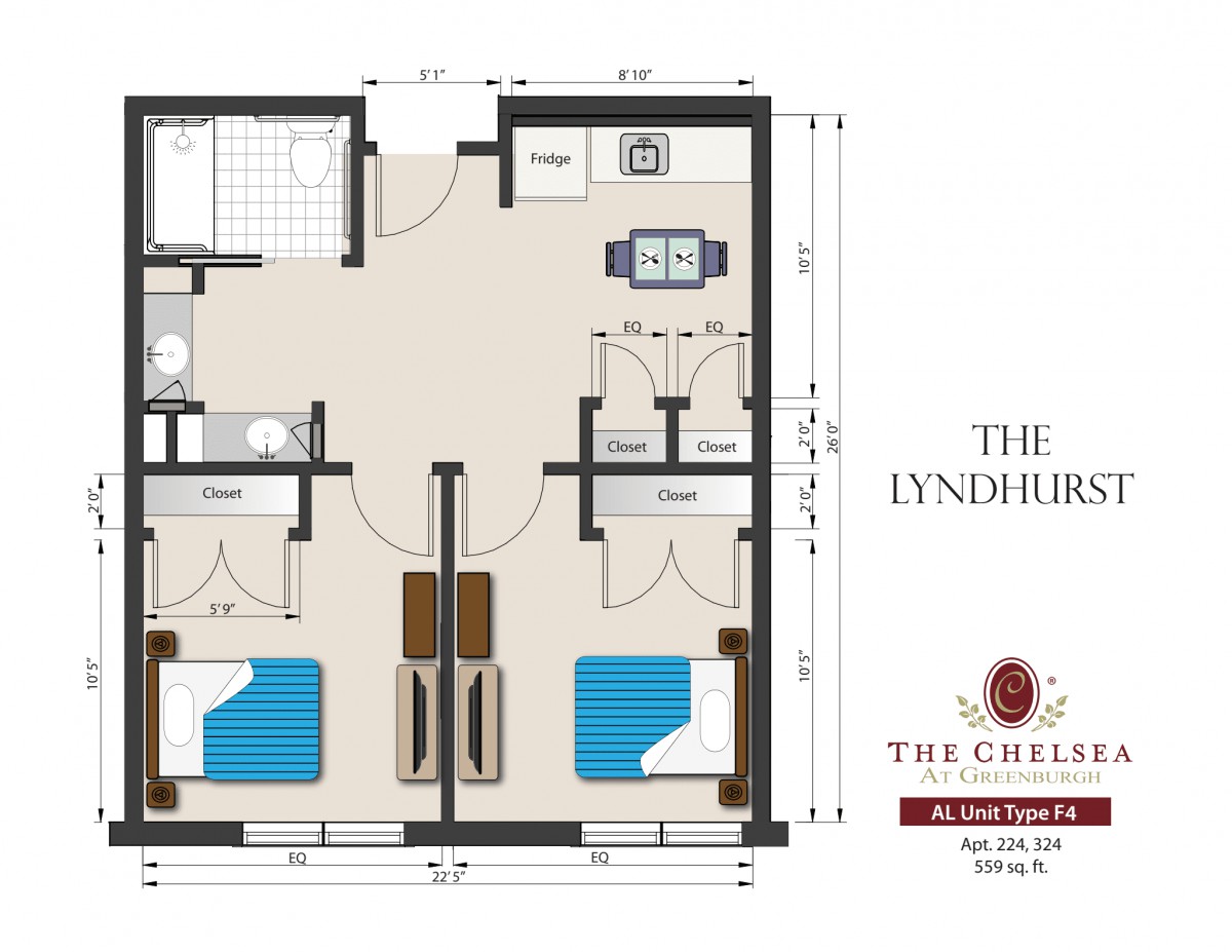 This is a floor plan for a residential space, featuring two bedrooms and common living areas.