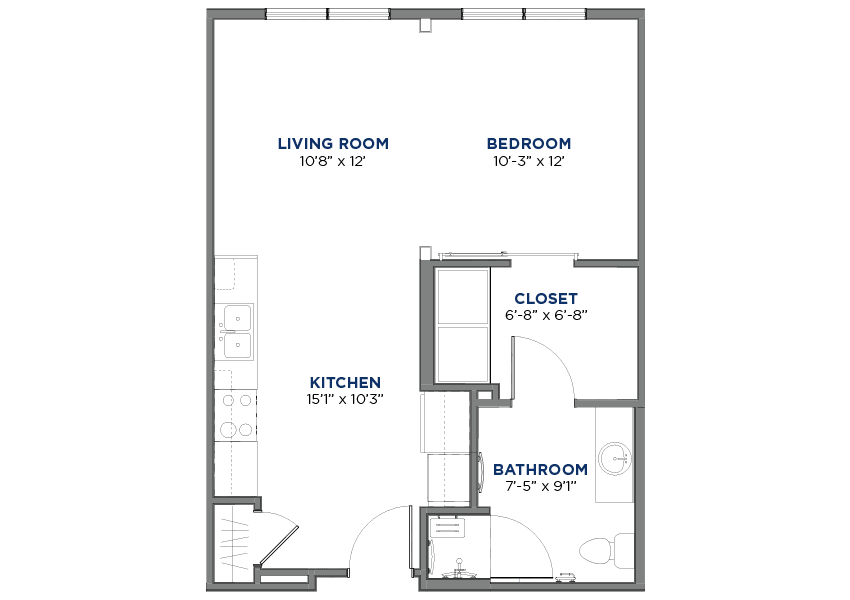 A basic floor plan layout showing a living room, bedroom, kitchen, and bathroom.
