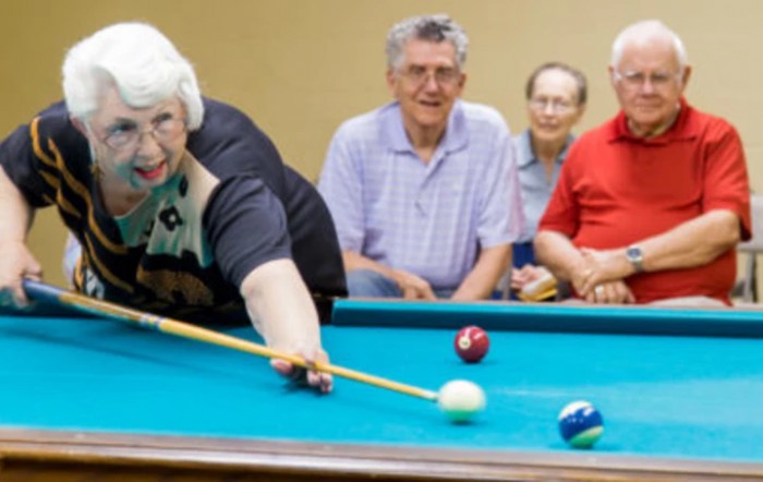 A group of seniors enjoying a game of billiards together.