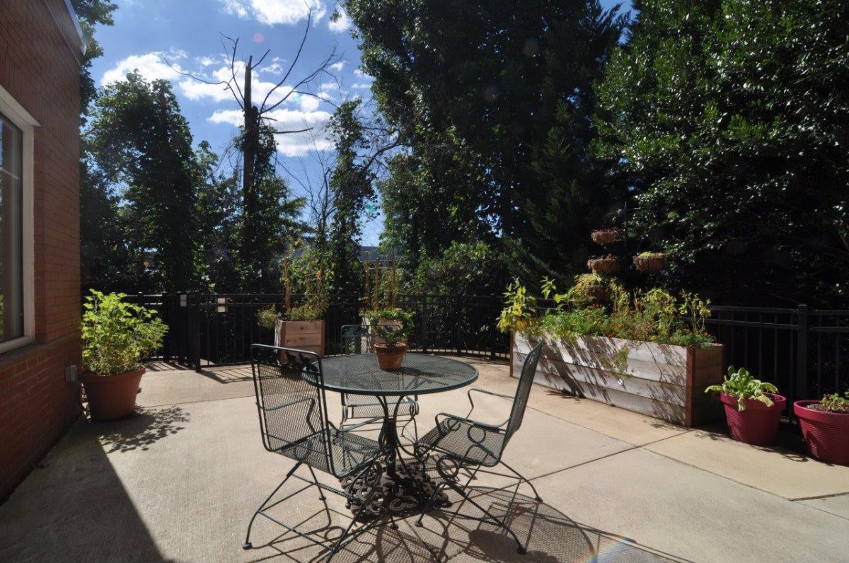 A sunny patio with a metal table and chairs surrounded by lush greenery.