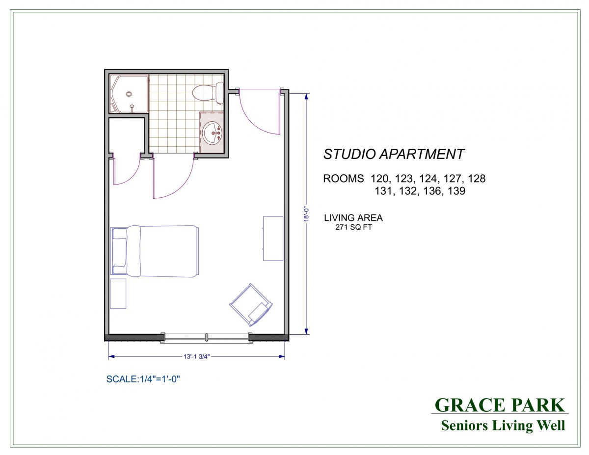Floor plan of a studio apartment with designated living and bathroom areas.