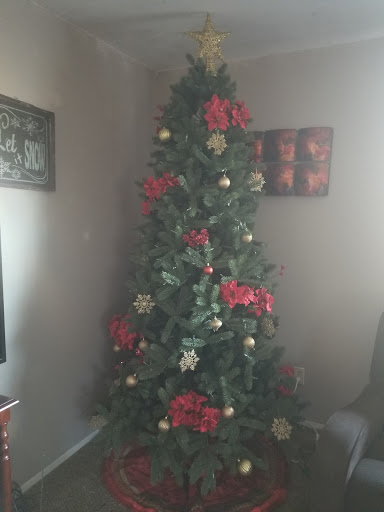 A beautifully decorated Christmas tree adorned with red poinsettias and golden ornaments.