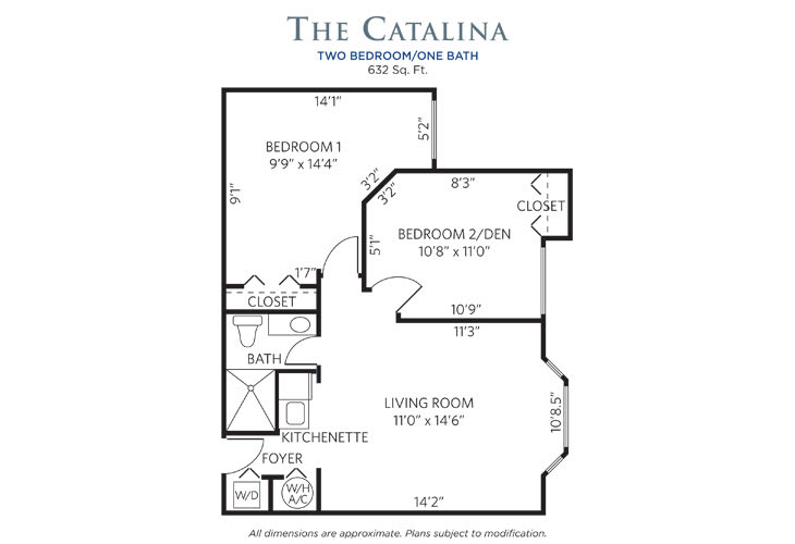 Floor plan of 'The Catalina' two-bedroom, one-bath apartment totaling 837 square feet.