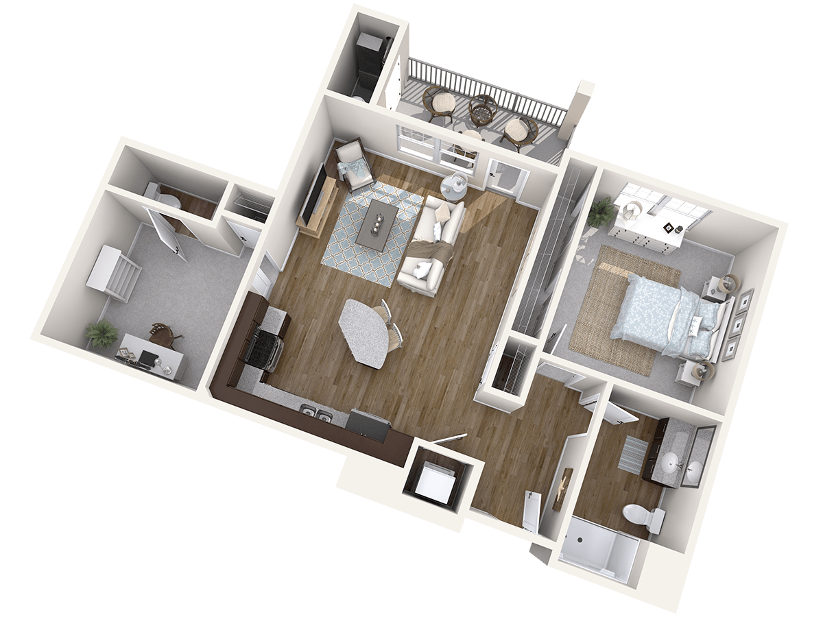 A modern 3D-rendered floor plan showcasing an open-concept apartment with one bedroom and spacious living areas.