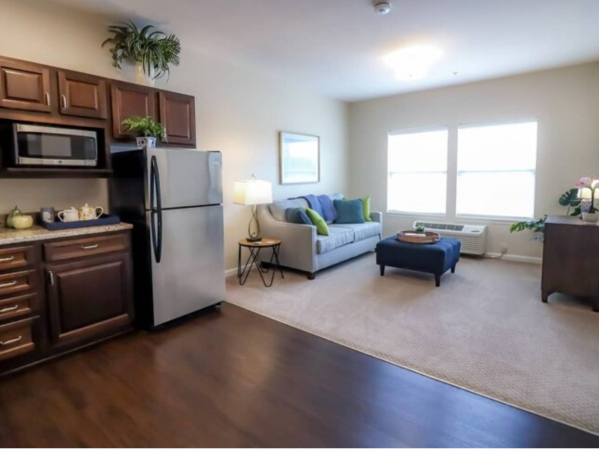 A modern apartment with an open floor plan featuring a cozy living room and compact kitchen.