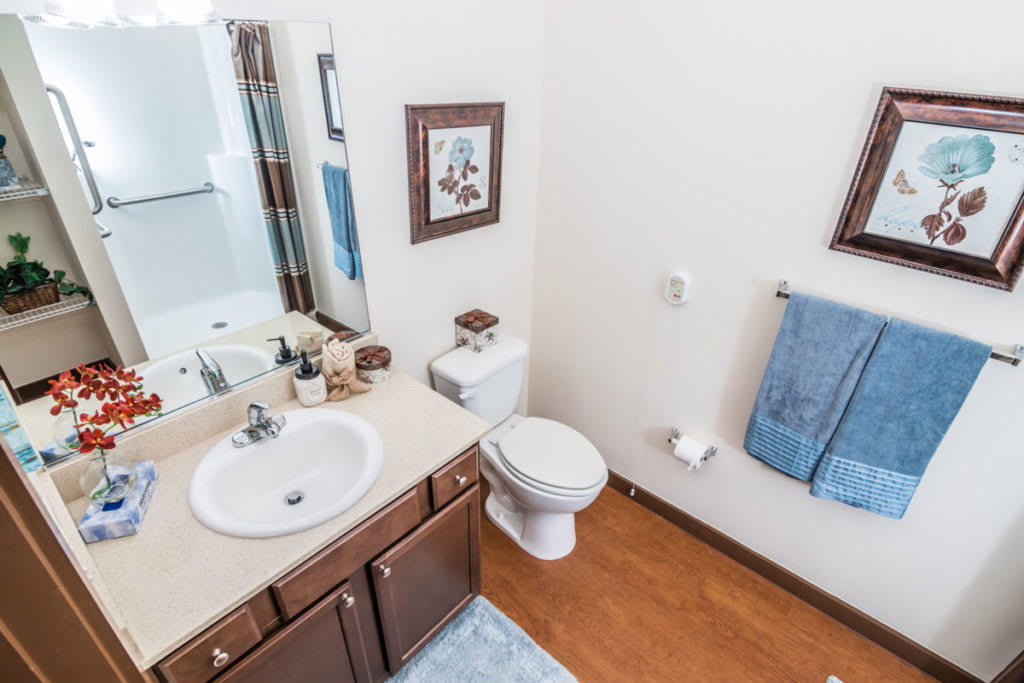 A well-organized bathroom with a sink, toilet, and mirror.