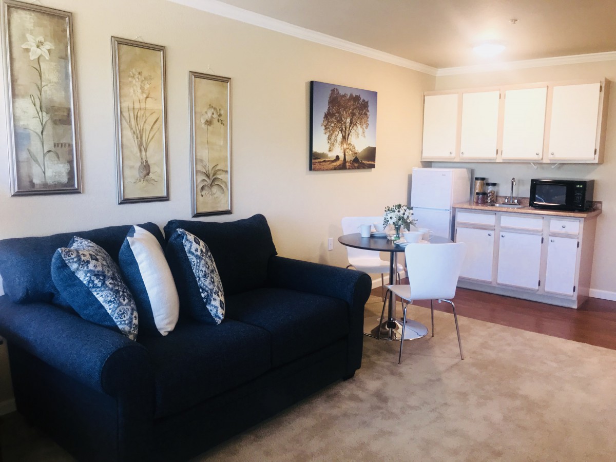 A cozy living room with a dark sofa, decorative pillows, small kitchenette, and artwork on the walls.