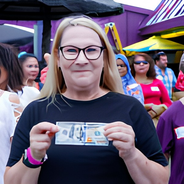 A woman wearing glasses is smiling and holding a banknote while standing with a group of people outdoors.