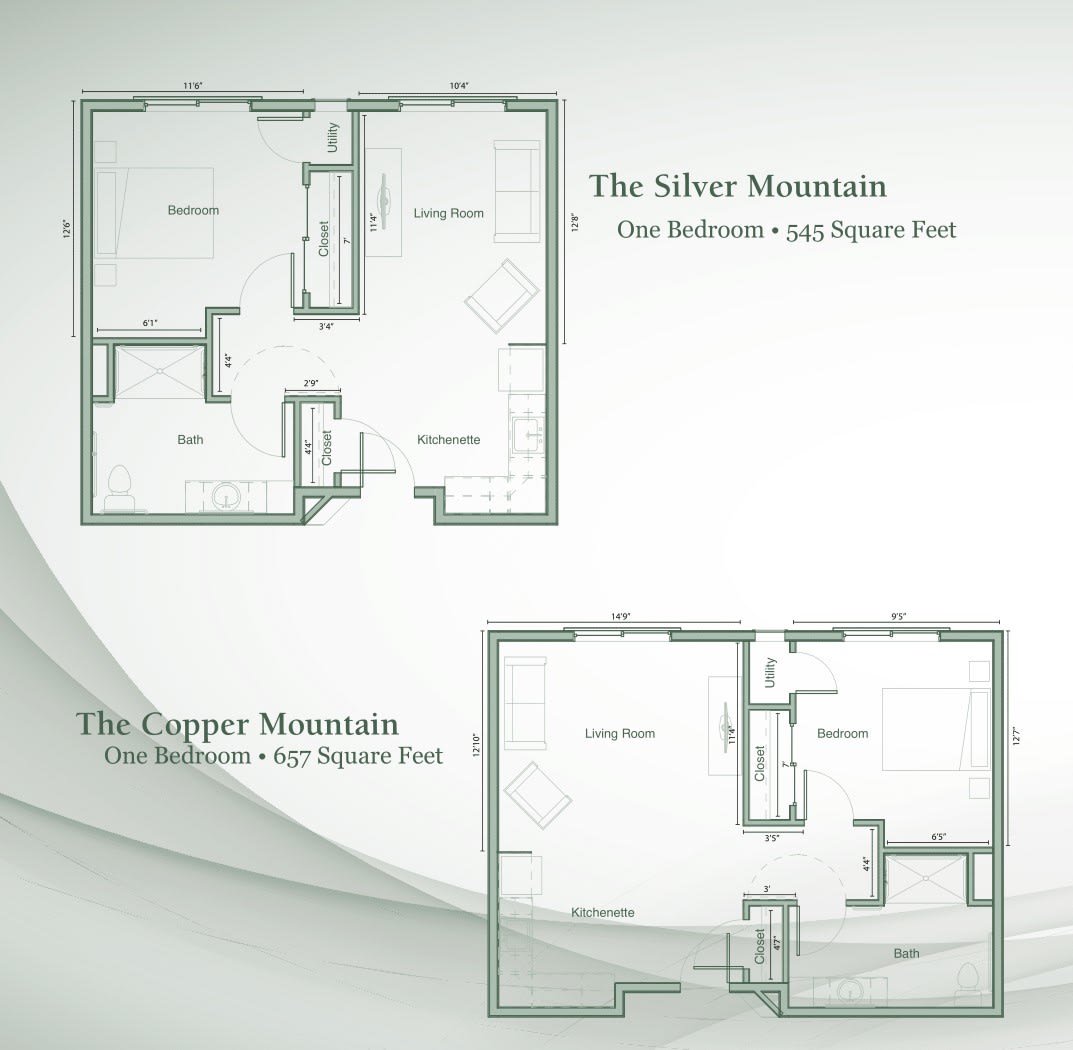 Floor plans for The Silver Mountain and The Copper Mountain apartments.