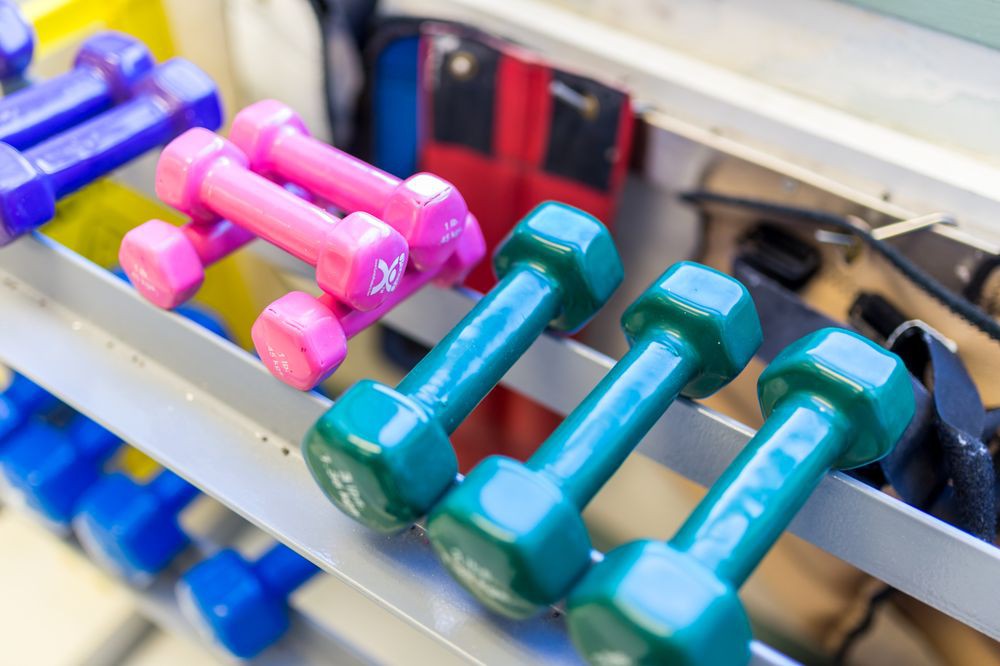 A rack of colorful dumbbells in various weights at a gym.