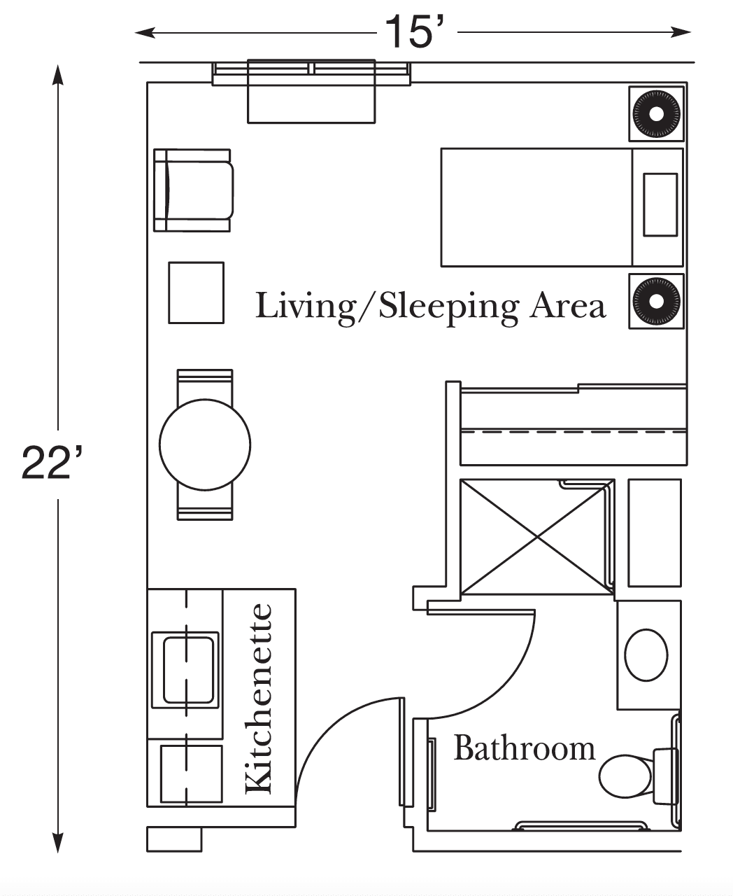 A floor plan of a studio apartment featuring a living/sleeping area, kitchenette, and bathroom.