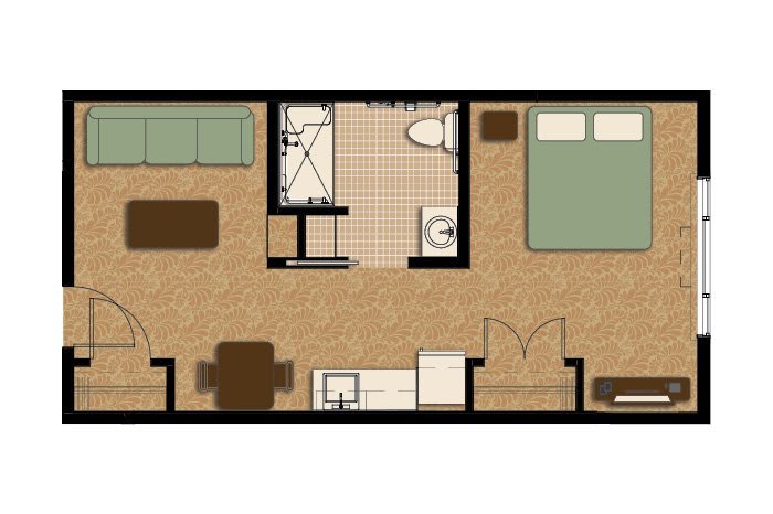 One-bedroom apartment floor plan including kitchen, bathroom, and living area.