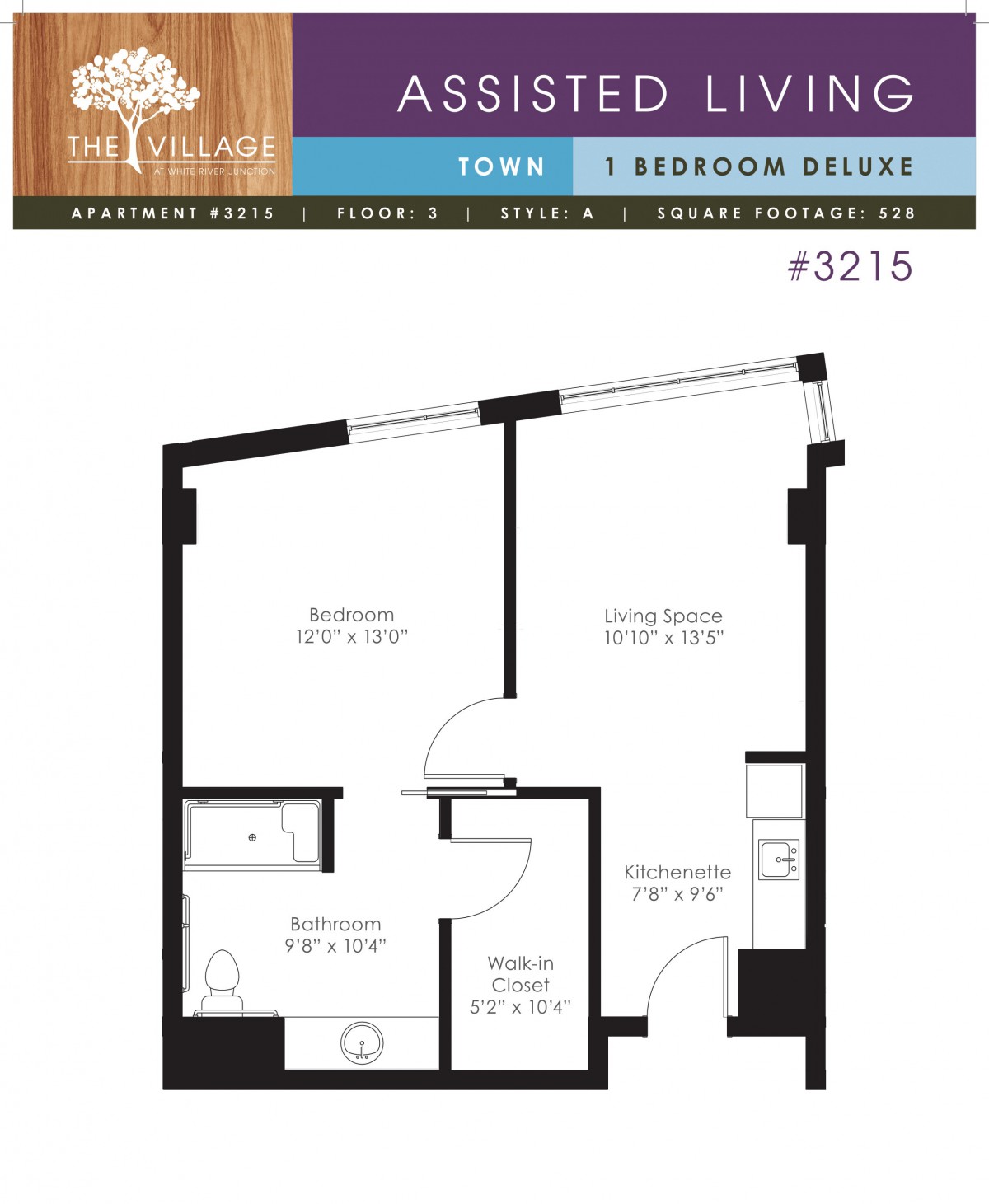 A floor plan of a one-bedroom apartment.