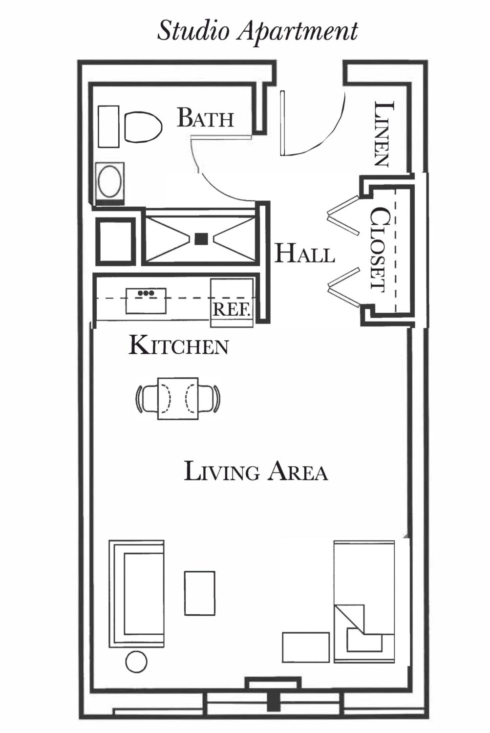 A floor plan of a studio apartment showcasing the layout of a living area, kitchen, bathroom, and closet.