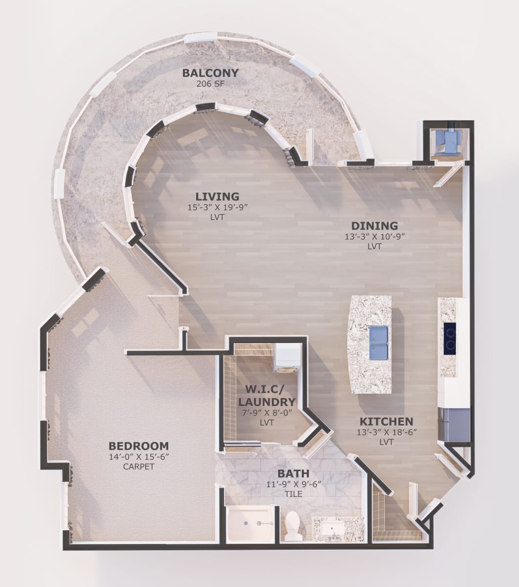A detailed floor plan of an apartment featuring a living room, kitchen, dining area, and bedroom.