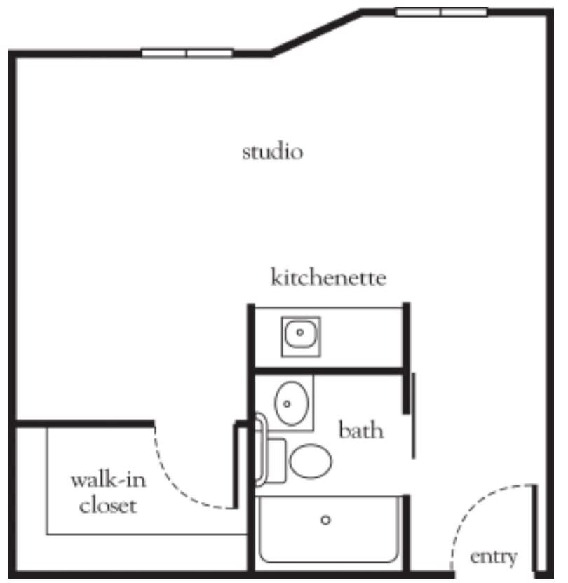 A floor plan of a studio apartment featuring a kitchenette, bath, walk-in closet, and entry area.