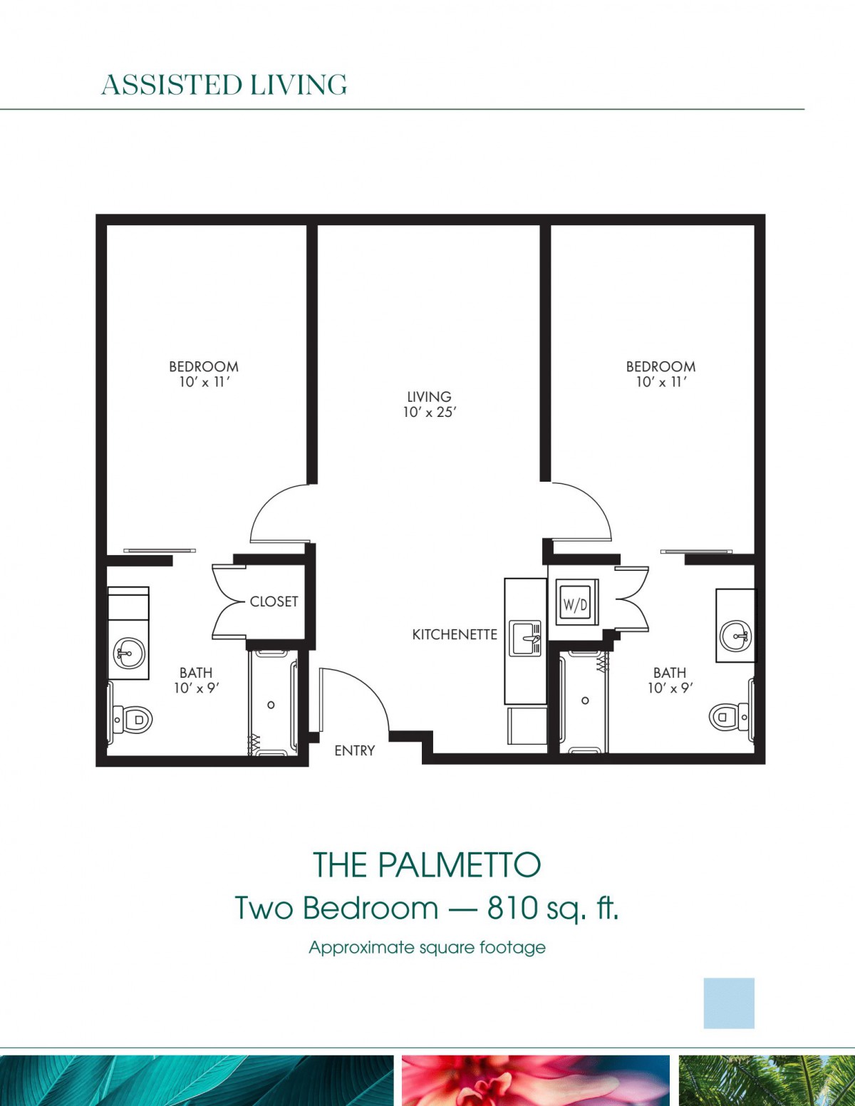The Palmetto: A two-bedroom apartment floor plan with 810 square feet.