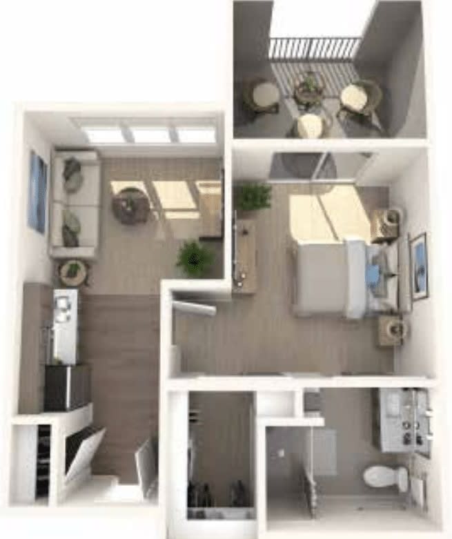 A 3D rendering of a one-bedroom apartment floor plan showcasing the layout of the living room, kitchen, bedroom, and bathroom.