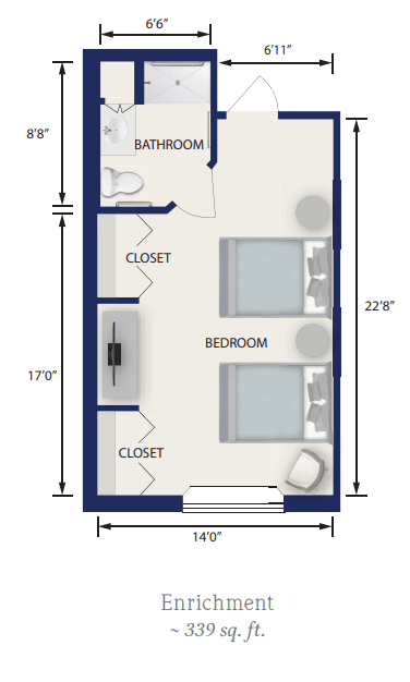 A floor plan layout showing a bedroom with two beds, a bathroom, and closets.