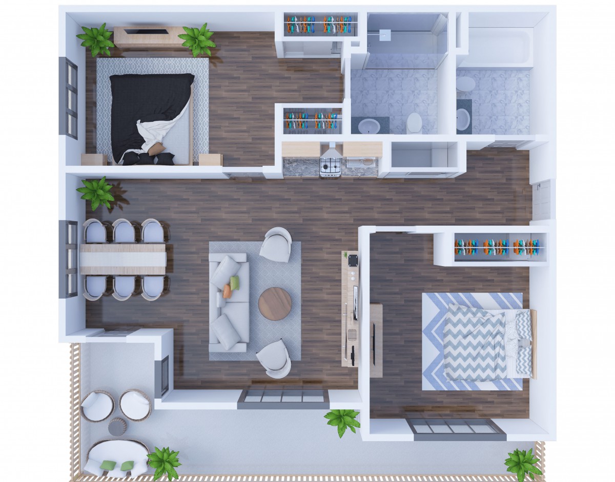 A detailed floor plan of a modern two-bedroom apartment featuring a living room, kitchen, dining area, bathroom, and balcony.