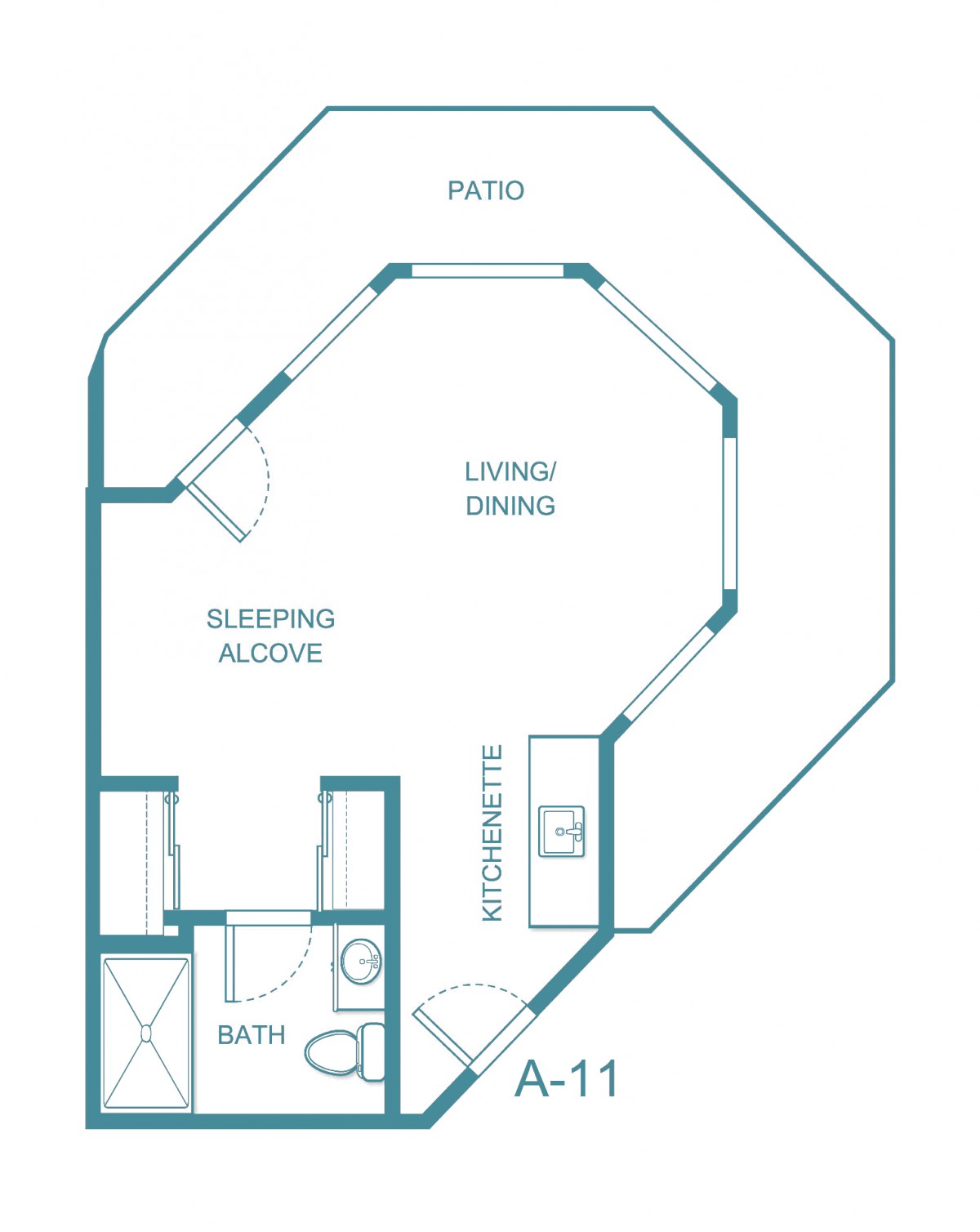 Studio apartment floor plan with a living area, bathroom, kitchen, and patio.