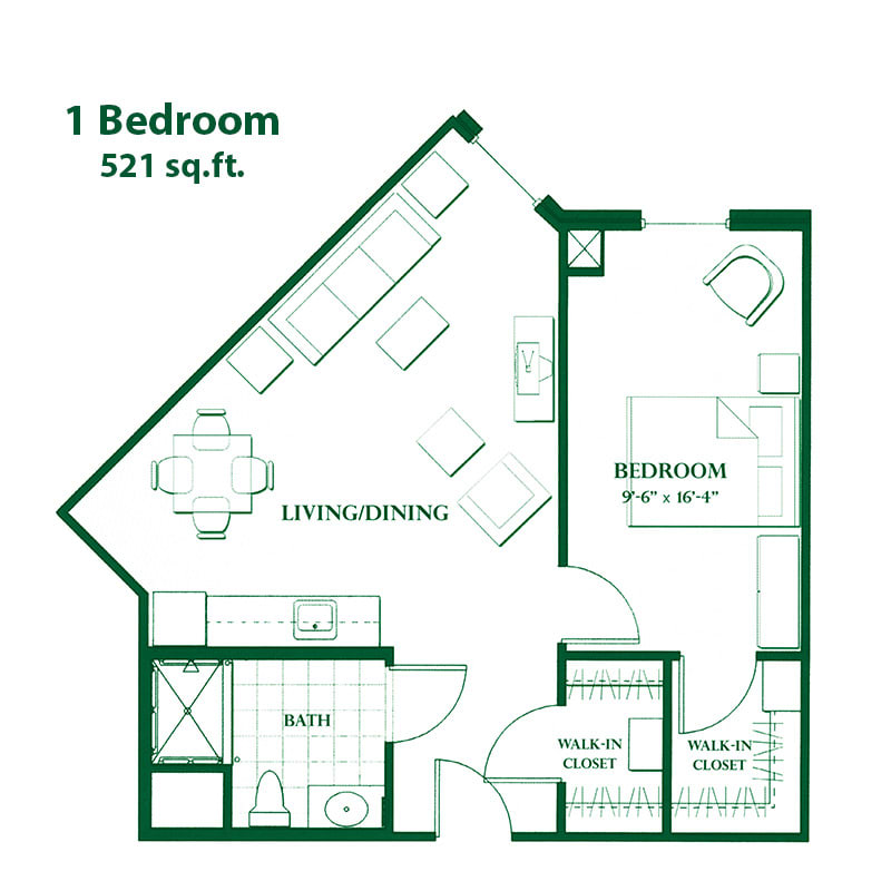 Floor plan of a 521 sq ft 1-bedroom apartment.