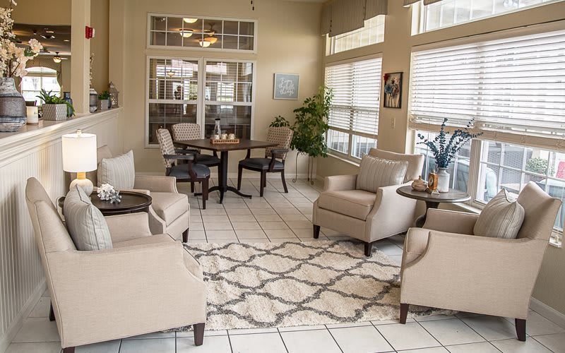 A cozy living room with comfortable seating, a patterned rug, and natural light streaming through large windows.