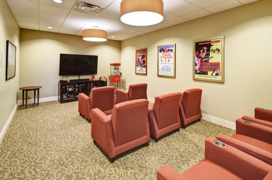 A cozy home theater room with comfortable seating, a large television, and decorative movie posters on the walls.