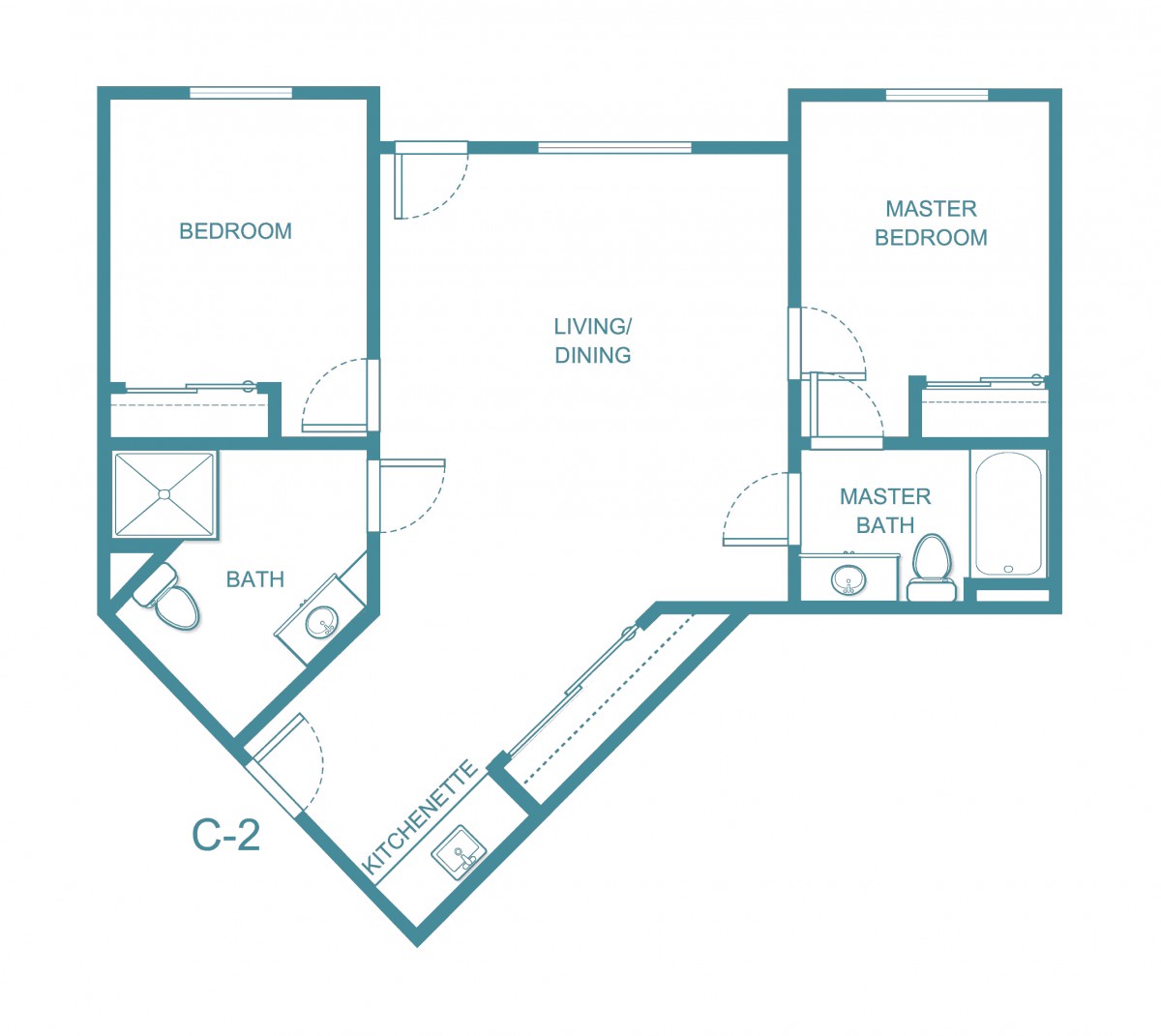 A floor plan illustration of a two-bedroom, two-bathroom apartment layout.