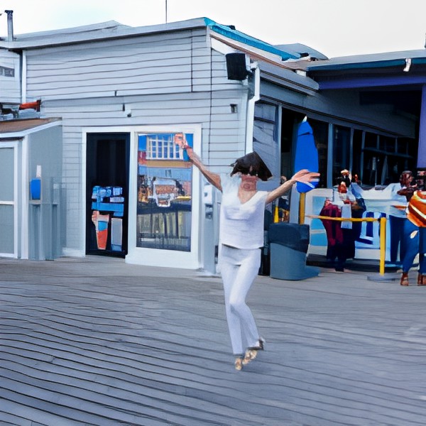 A person dancing joyfully on a boardwalk in front of a restaurant.