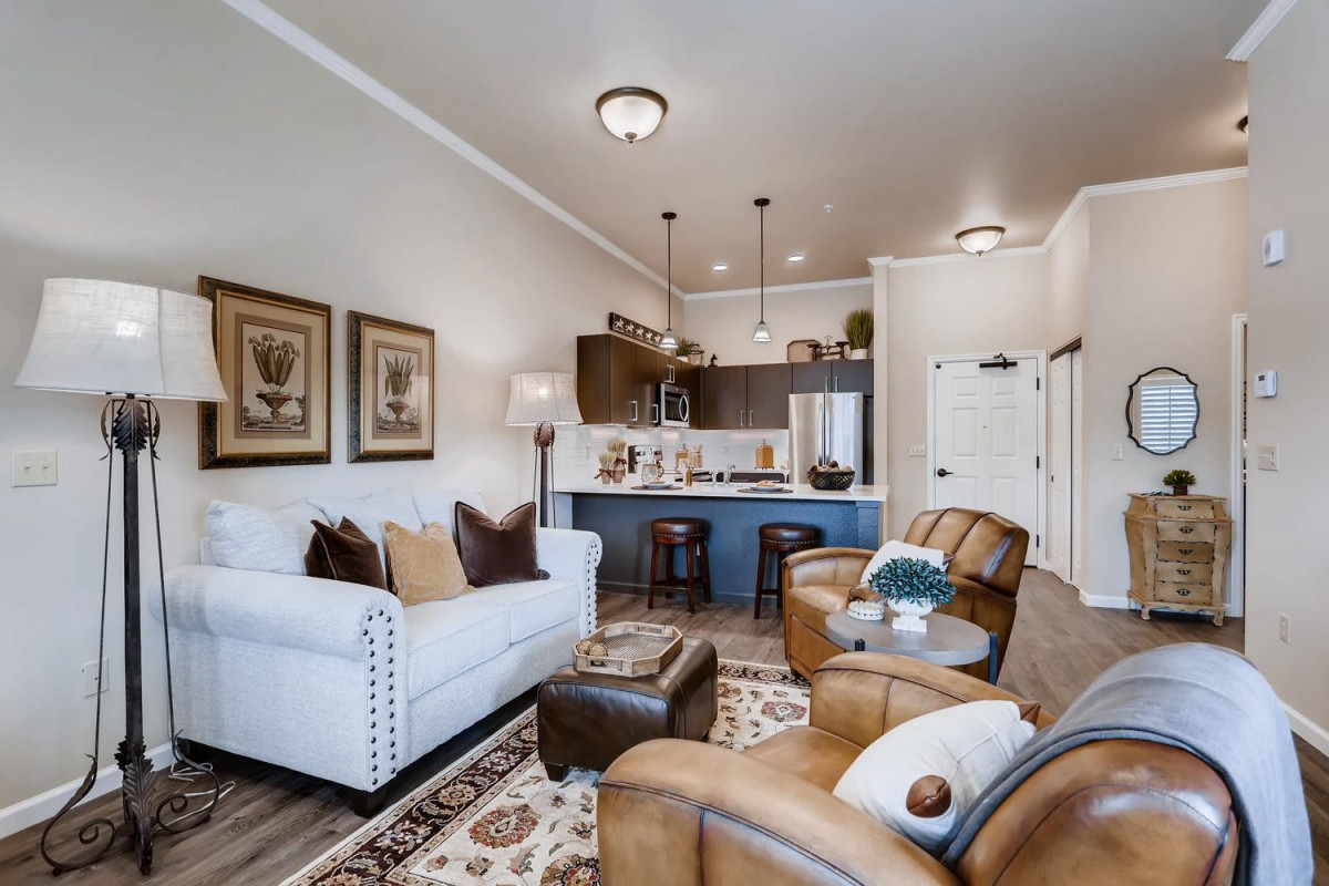 A modern open-concept living room and kitchen with stylish furniture and decor.