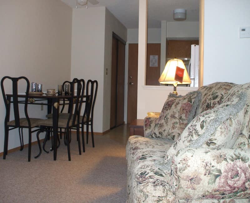 A cozy living and dining area with a floral-patterned sofa, a dining table set, and a lamp.