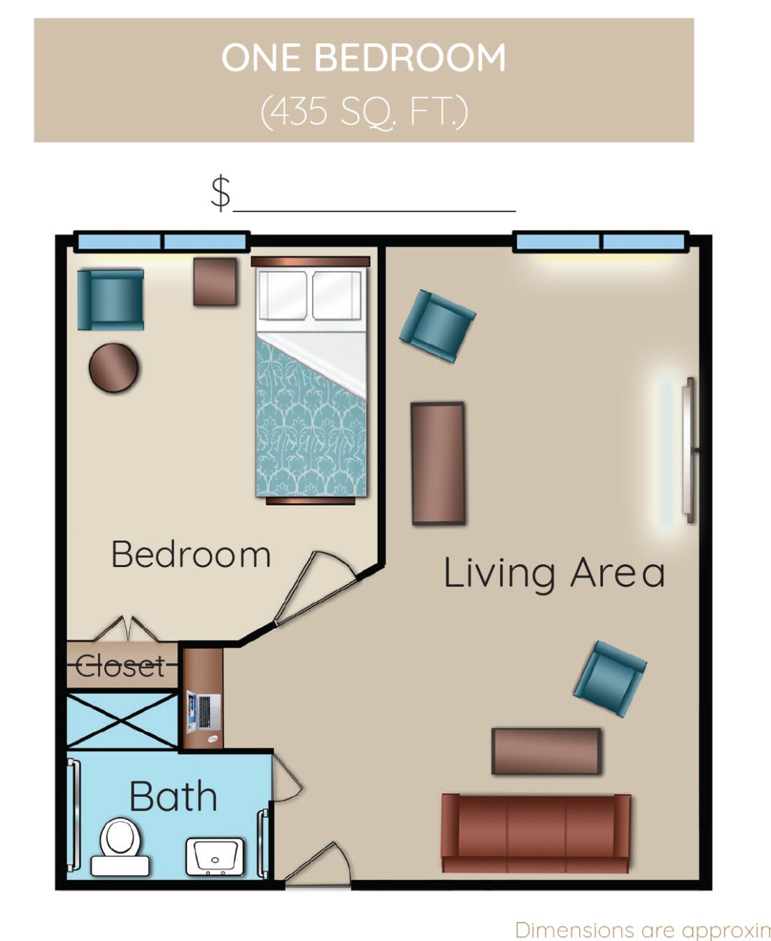 One-bedroom apartment floor plan with a living area and bathroom.