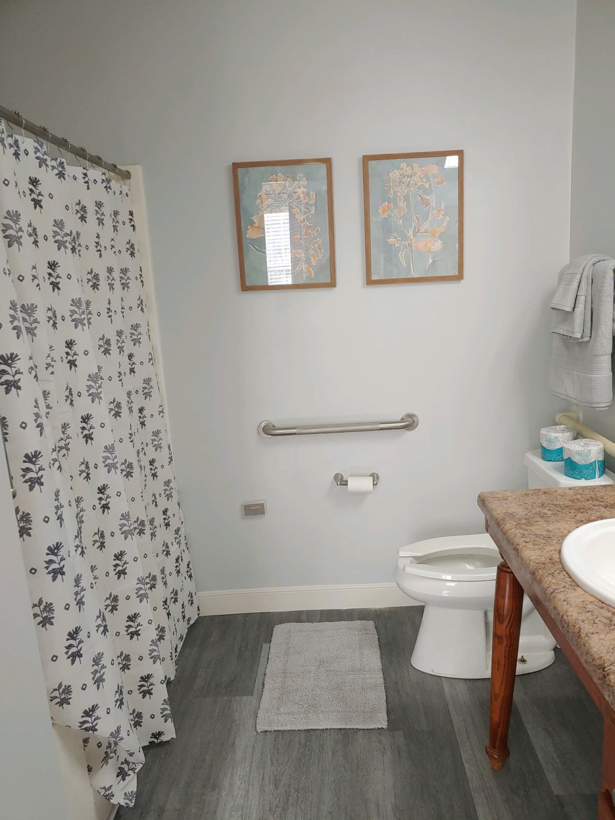A clean and organized bathroom with framed artwork, a shower curtain, and essential amenities.