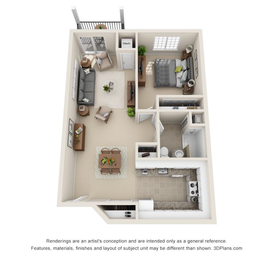3D rendering of a one-bedroom apartment floor plan with living room, kitchen, and bathroom.