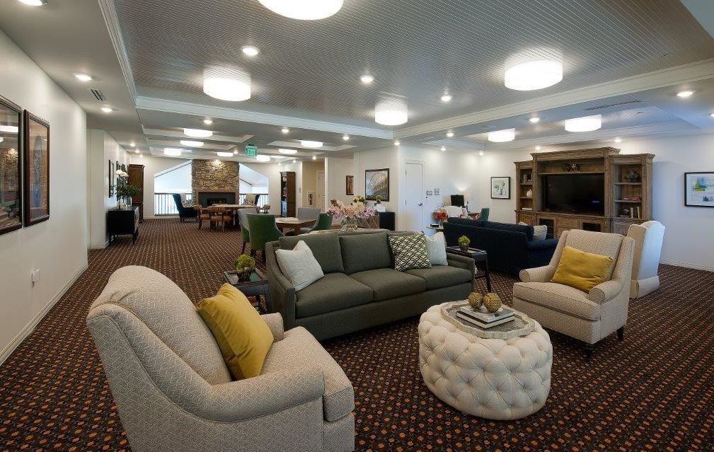 A spacious and modern living room with ample seating and stylish decor.