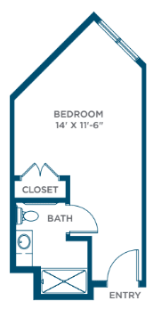 A floor plan featuring a bedroom measuring 14 feet by 11.5 feet, with an adjacent closet and bathroom.