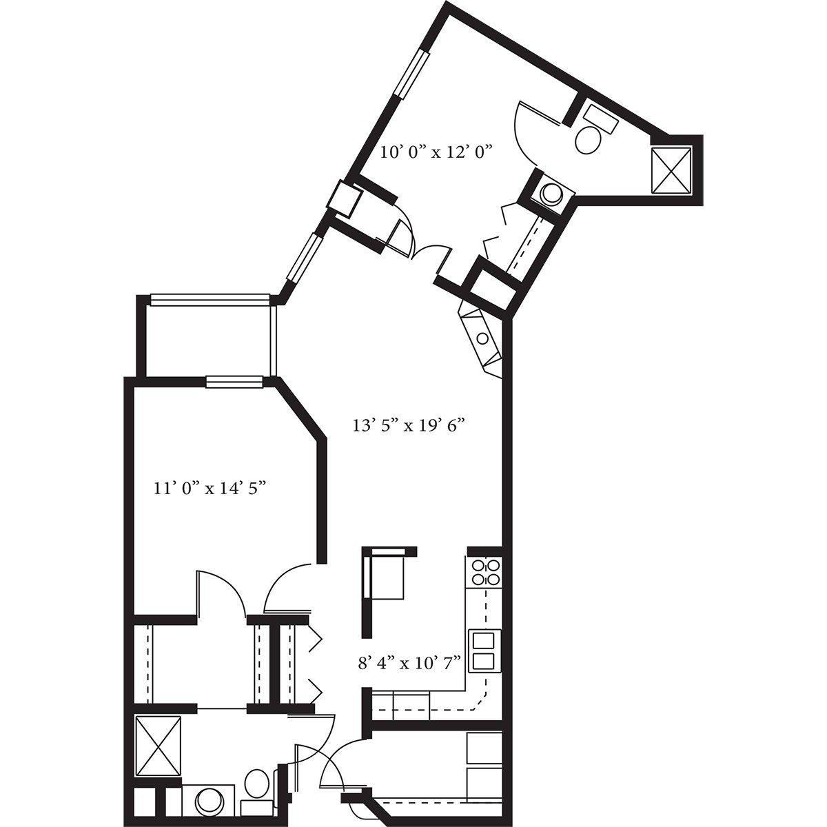 A detailed floor plan of an apartment, showing two bedrooms, two bathrooms, a kitchen, and a living area.