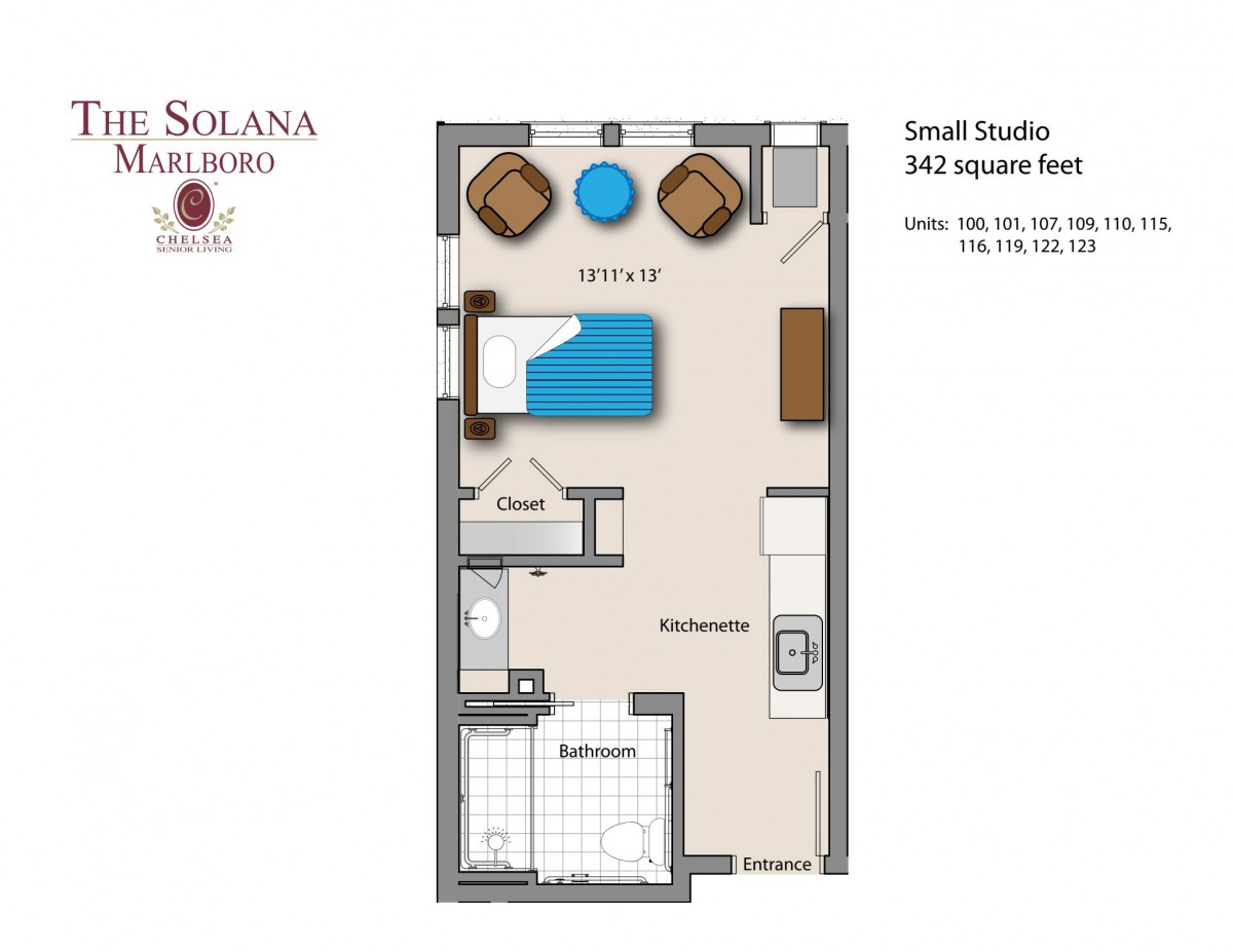 Studio apartment floor plan with labeled kitchen, living area, and bathroom.