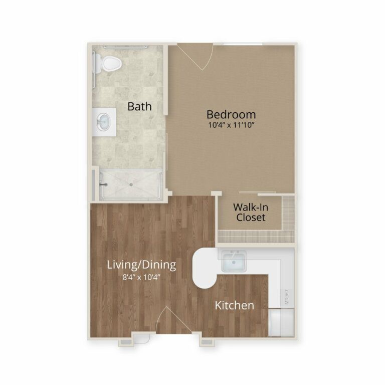 A simple layout of a one-bedroom apartment featuring a living/dining area, kitchen, bedroom with walk-in closet, and a bathroom.