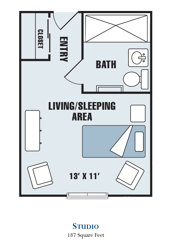 Floor plan of a studio apartment with a combined living and sleeping area.
