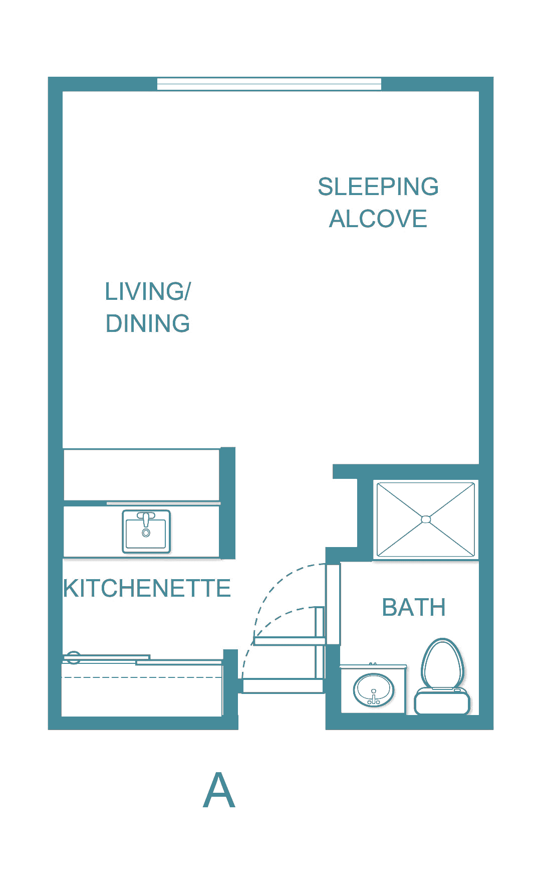 A floor plan of a studio apartment featuring a living/dining area, kitchenette, bathroom, and sleeping alcove.