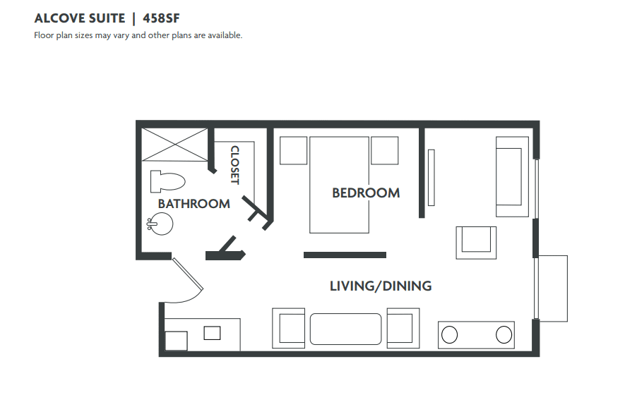 A floor plan of a one-bedroom apartment featuring a bathroom, bedroom, and combined living/dining area.