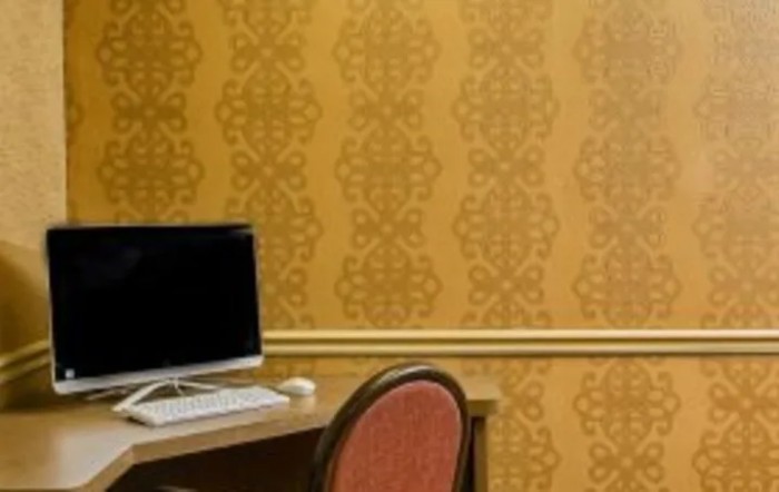 A workspace with a computer on a desk and an empty chair against patterned wallpaper.