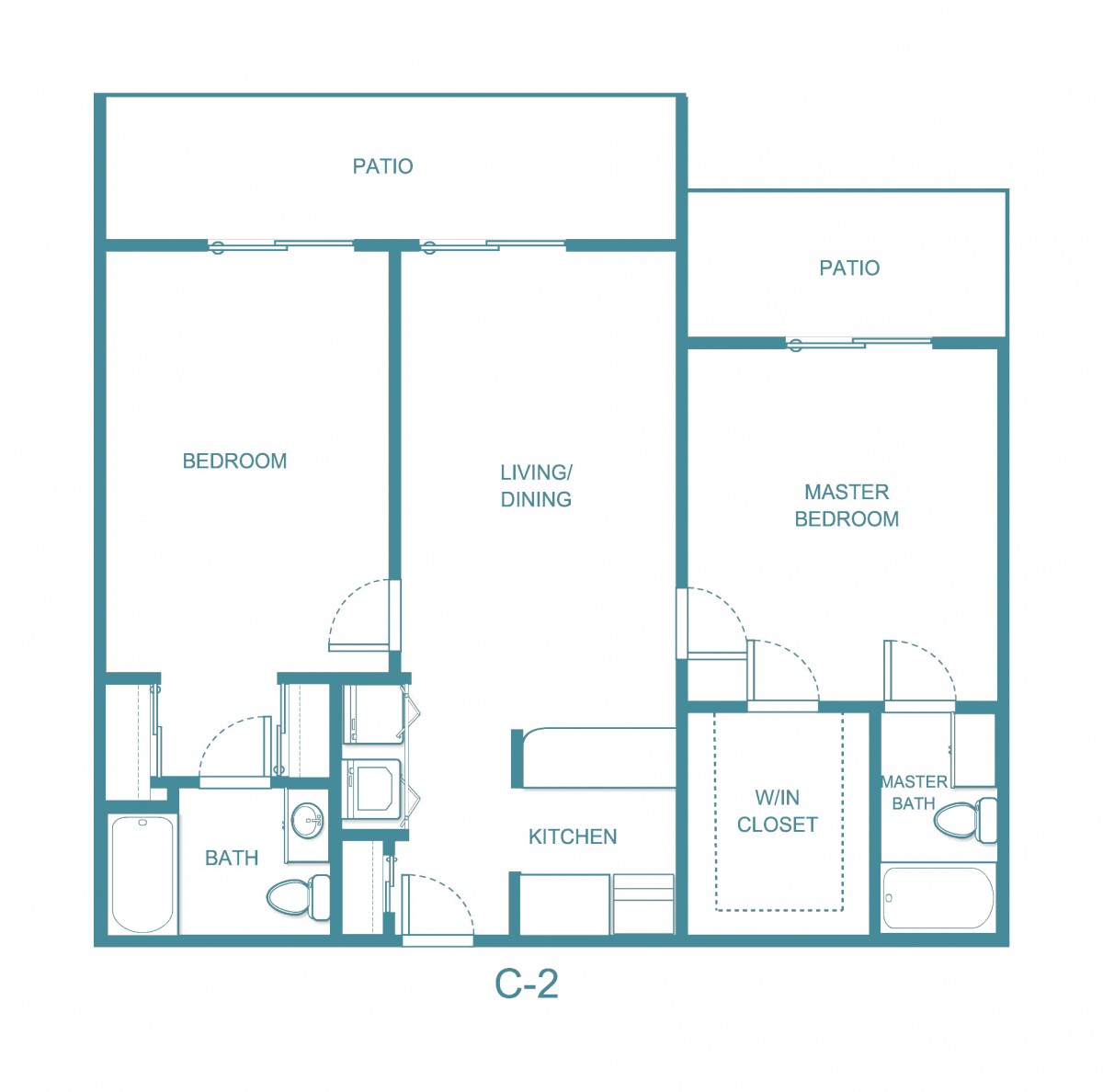 A blueprint of a two-bedroom apartment layout with labeled rooms and areas.