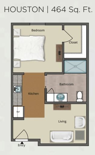 A simple one-bedroom apartment floor plan with a kitchen, bathroom, living area, and closet.
