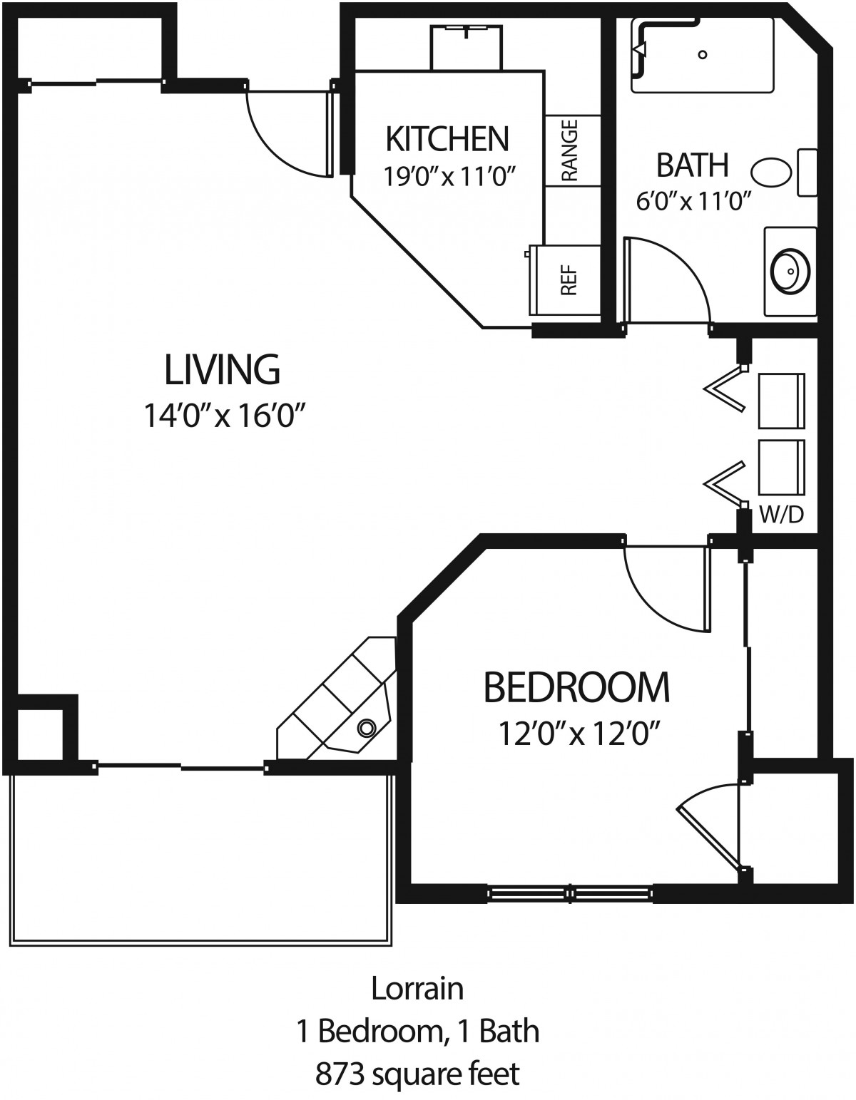 Floor plan of a one-bedroom apartment with labeled room dimensions.